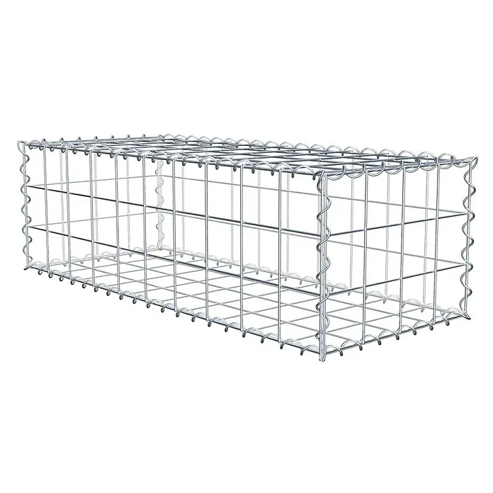 Gabiona Gabione - 100 x 40 x 30 cm, Metall, Maschenbreite: 100 mm, Maschenhöhe: 100 mm - Das Bild zeigt einen Gabionenkorb aus Drahtgeflecht, der leer und bereit zur Befüllung ist. Der Korb hat eine rechteckige Form mit Drahtspiralen an den Kanten.