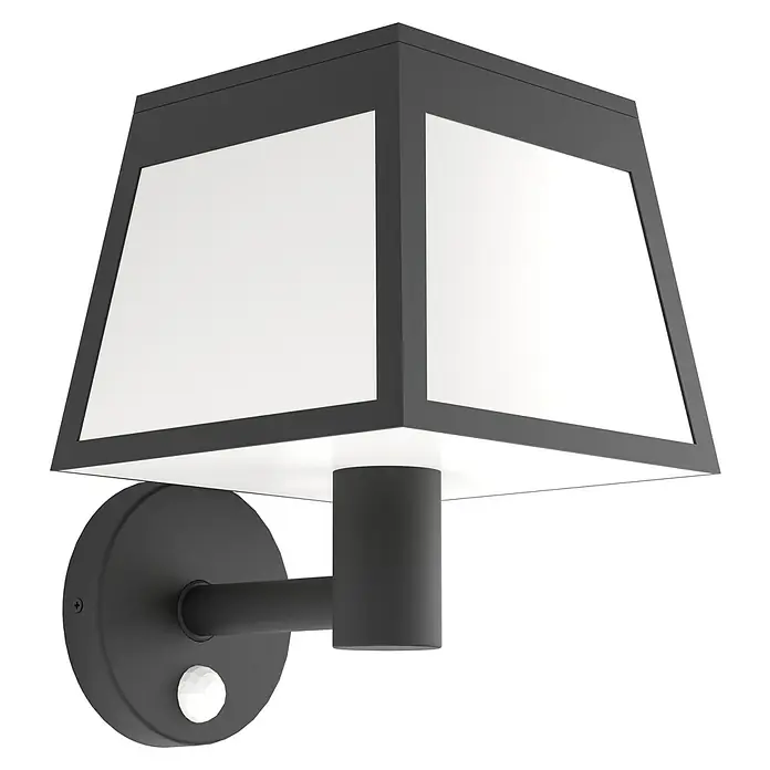 Eglo Aplique solar LED para exterior Altilia - 8 W, Plástico, Blanco cálido, Negro - Primer plano de una moderna lámpara de pared exterior negra con sensor de movimiento y pantalla cuadrada.