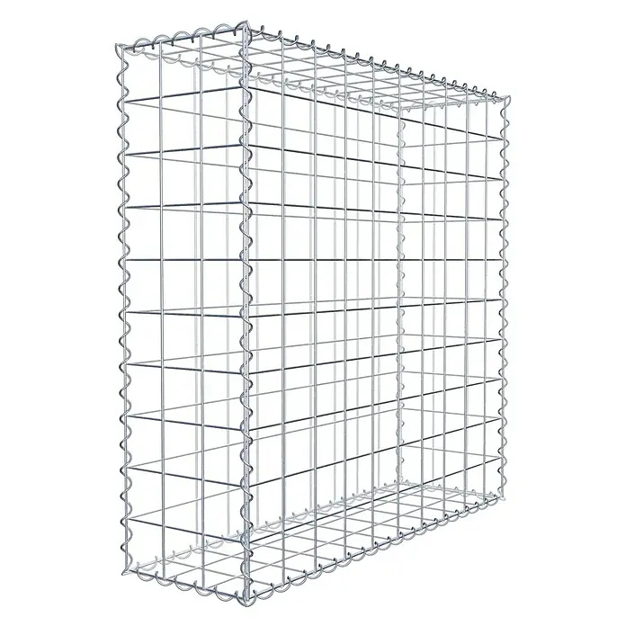 Gabiona Gabione - 100 x 30 x 100 cm, Metall, Maschenbreite: 100 mm, Maschenhöhe: 100 mm - Darstellung eines Gabionenkorbs aus verzinktem Draht. Das Drahtgeflecht ist quadratisch und weist an den Kanten gewellte Verstärkungen auf.