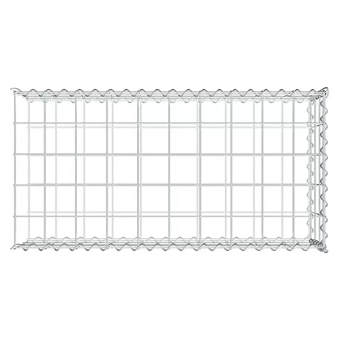 Gabiona Gabione Typ 2 - Zum Anbau in der Länge, 100 x 50 x 30 cm, Stahl, Maschenbreite: 100 mm, Maschenhöhe: 100 mm, Spirale - Leerer, rechteckiger Gabionenkorb aus silbernem Metallgeflecht.