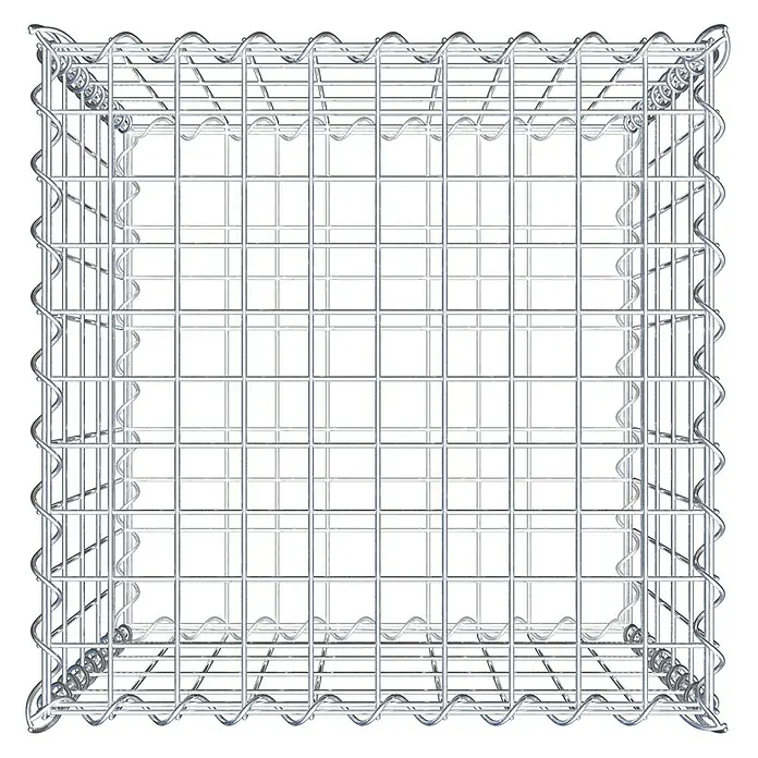 Gabiona Gabione - 50 x 50 x 50 cm, Metall, Maschenbreite: 50 mm, Maschenhöhe: 100 mm - Das Bild zeigt einen Gabionenkorb aus Drahtgeflecht. Der Korb ist leer und hat eine quadratische Form. Er ist für den Einsatz im Garten- und Landschaftsbau geeignet.