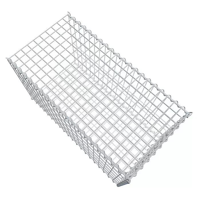 Gabiona Gabione Typ 2 - Zum Anbau in der Länge, 100 x 50 x 60 cm, Stahl, Maschenbreite: 50 mm, Maschenhöhe: 100 mm, Spirale - Rechteckiger, silberfarbener Gabionenkorb aus Drahtgitter, schräg von oben gesehen.