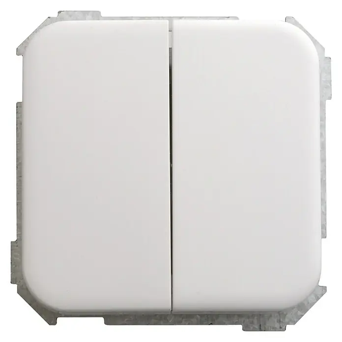 Simon 31 Conmutador doble - Blanco, Colocar, Plástico, 10 A - Primer plano de un interruptor de luz doble con cubierta blanca y marco metálico. Ideal para interiores modernos y fácil operación.