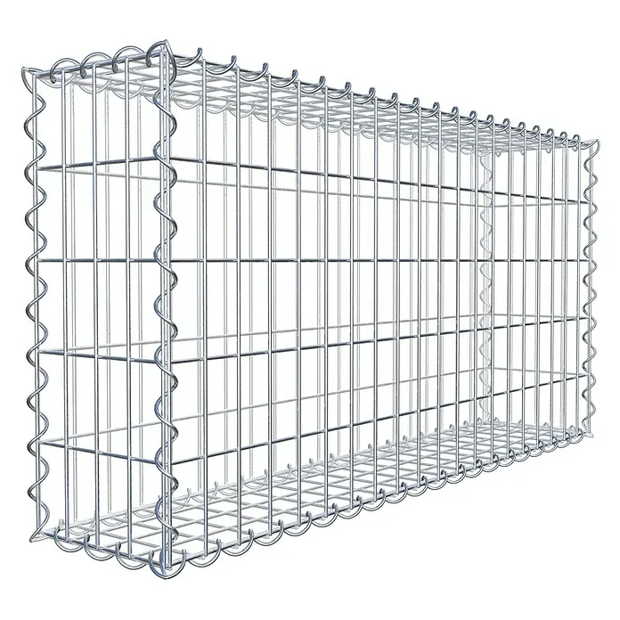 Gabiona Gabione - 100 x 20 x 50 cm, Metall, Maschenbreite: 50 mm, Maschenhöhe: 100 mm - Das Bild zeigt einen Gabionenkorb aus Drahtgeflecht. Der Steinkorb ist leer und hat eine rechteckige Form.