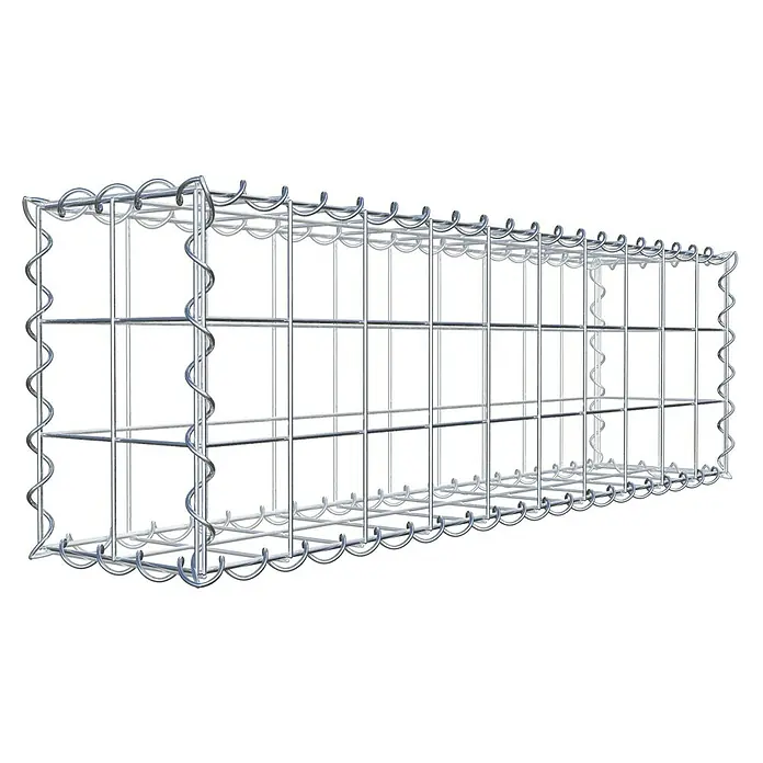 Gabiona Gabione - 100 x 20 x 30 cm, Metall, Maschenbreite: 100 mm, Maschenhöhe: 100 mm - Nahaufnahme einer Gabione, einem Drahtkorb, der oft im Garten- und Landschaftsbau verwendet wird, für Steine und Erdreich.