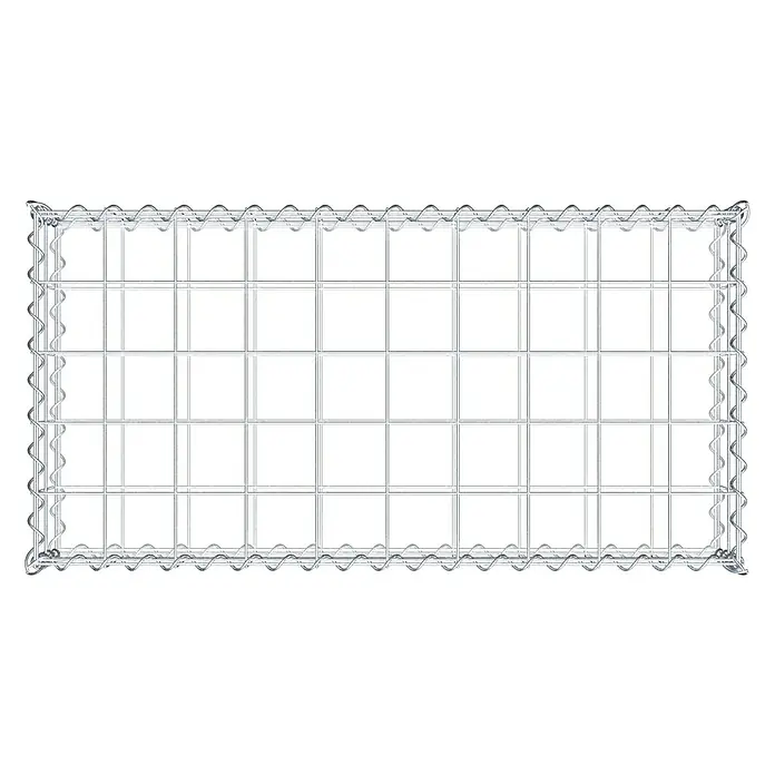 Gabiona Gabione - 100 x 50 x 20 cm, Metall, Maschenbreite: 100 mm, Maschenhöhe: 100 mm - Das Bild zeigt eine Drahtgitterbox, typisch für Gabionen, mit einer quadratischen Gitterstruktur und spiralförmigen Drahtverbindungen an den Rändern.