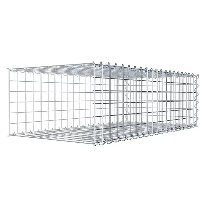 Gabiona Gabione Typ 2 - Zum Anbau in der Länge, 100 x 50 x 30 cm, Stahl, Maschenbreite: 50 mm, Maschenhöhe: 50 mm, Spirale - Leerer, rechteckiger Gabionenkorb aus silbernem Metallgeflecht, bereit zum Befüllen.