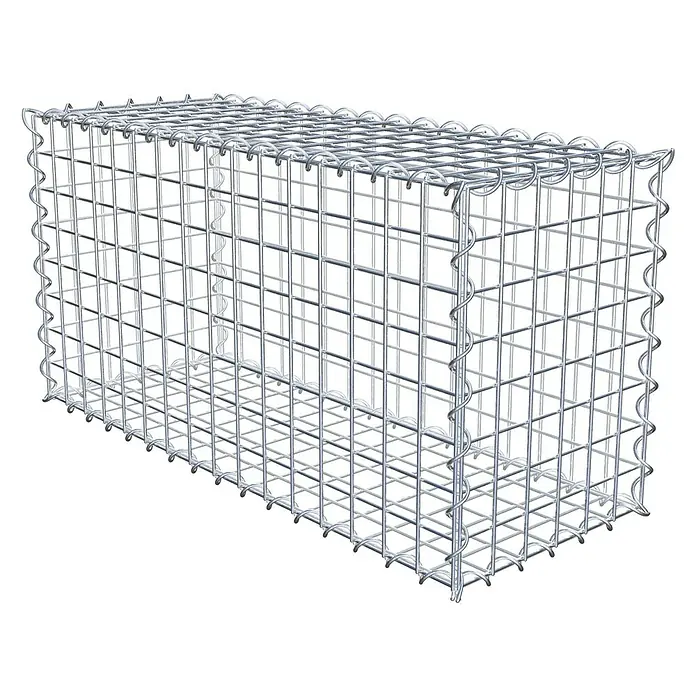 Gabiona Gabione - 80 x 30 x 40 cm, Metall, Maschenbreite: 50 mm, Maschenhöhe: 50 mm - Ein detailliertes Bild eines leeren Gabionenkorbs aus Draht, der für den Garten- oder Landschaftsbau verwendet wird.