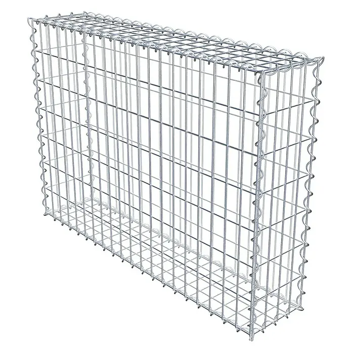 Gabiona Gabione - 100 x 20 x 70 cm, Metall, Maschenbreite: 50 mm, Maschenhöhe: 100 mm - Das Bild zeigt einen Gabionenkorb, ein Drahtgitterbehälter, der oft für Stützmauern oder dekorative Zwecke im Gartenbau eingesetzt wird.