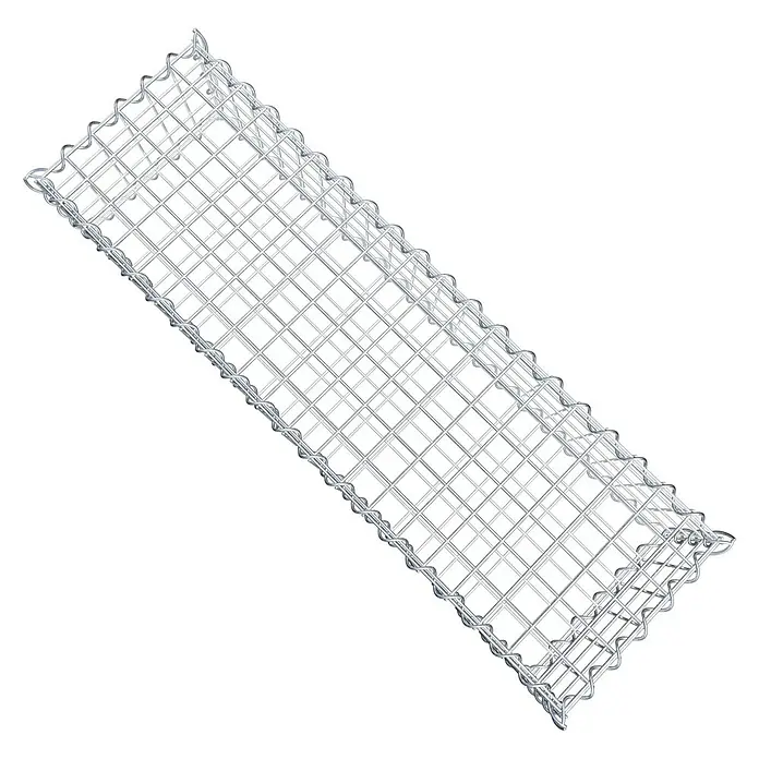 Gabiona Gabione - 100 x 30 x 20 cm, Metall, Maschenbreite: 50 mm, Maschenhöhe: 50 mm - Draufsicht auf einen leeren Gabionenkorb aus verzinktem Drahtgeflecht, bereit zur Befüllung mit Steinen. Stabil und langlebig für den Gartenbau.