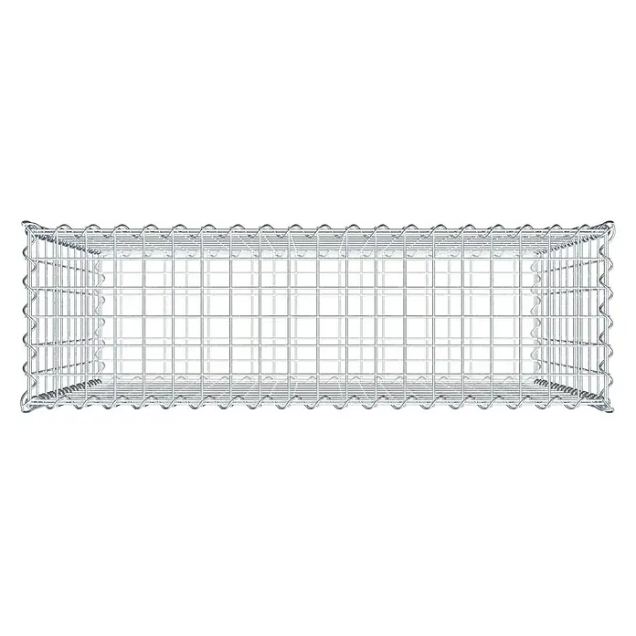 Gabiona Gabione - 100 x 30 x 100 cm, Metall, Maschenbreite: 50 mm, Maschenhöhe: 100 mm - Das Bild zeigt einen rechteckigen Gabionenkorb aus Drahtgitter, der für den Bau von Stützmauern oder zur Gartengestaltung verwendet wird.
