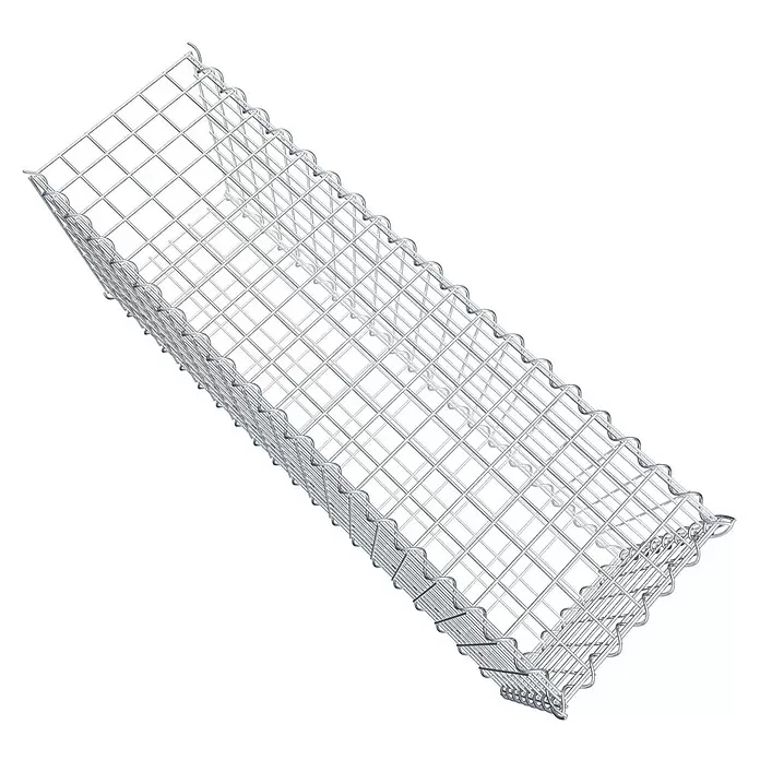 Gabiona Gabione Typ 2 - Zum Anbau in der Länge, 100 x 30 x 40 cm, Stahl, Maschenbreite: 50 mm, Maschenhöhe: 50 mm, Spirale - Ein leeres, rechteckiges Gabionenkorb aus silbernem Metalldraht, bereit zum Befüllen mit Steinen.