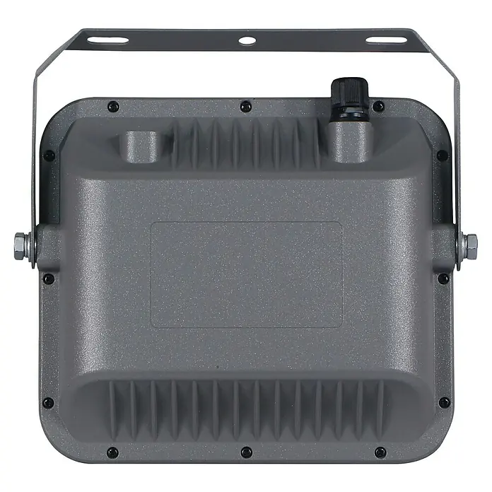 Tween Light Proyector LED solar Amida - 20 W, 3.000 K - 6.000 K, 1.800 lm, 4,53 x 21,62 x 21 cm, IP65 - Parte posterior de un foco LED gris con disipadores de calor y un soporte para el montaje.
