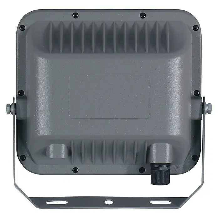 Tween Light Proyector LED solar Amida - 10 W, 3.000 K - 6.000 K, 4,3 x 19,8 x 18,1 cm, IP65 - Vista posterior de un reflector LED gris con aletas de refrigeración para la disipación de calor y un soporte de montaje robusto.