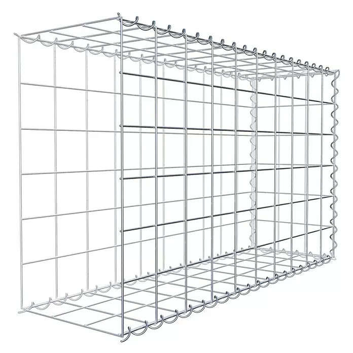 Gabiona Gabione Typ 2 - Zum Anbau in der Länge, 100 x 30 x 60 cm, Stahl, Maschenbreite: 100 mm, Maschenhöhe: 100 mm, Spirale - Silberfarbener Metall-Gabionenkorb, eine leere rechteckige Gitterkäfigstruktur.
