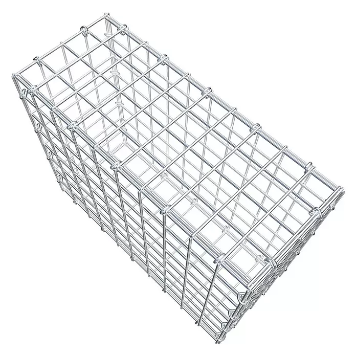 Gabiona Gabione - 50 x 20 x 40 cm, Stahl, Maschenbreite: 50 mm, Maschenhöhe: 50 mm, C-Ring - Leerer rechteckiger Gabionenkorb aus silberfarbenem Drahtgeflecht.