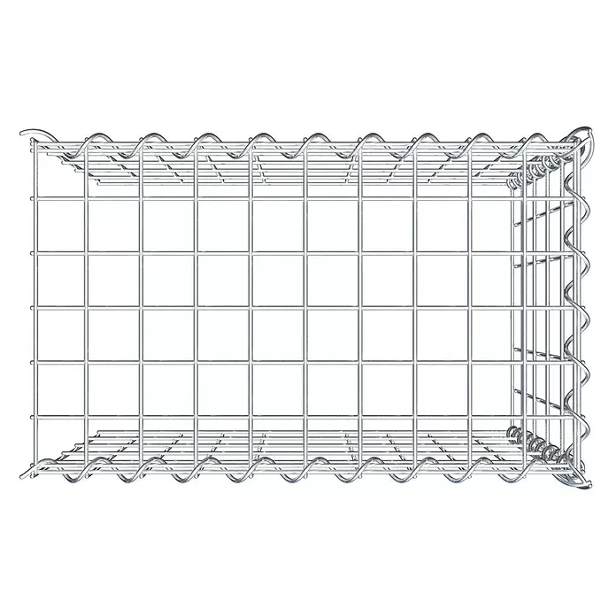 Gabiona Gabione Typ 4 - Zum Anbau in Länge & Höhe, 50 x 30 x 50 cm, Stahl, Maschenbreite: 50 mm, Maschenhöhe: 100 mm, Spirale - Leerer, silberfarbener Drahtgitter-Gabionenkorb.