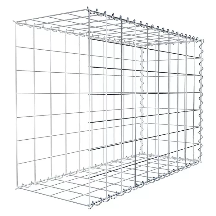 Gabiona Gabione Typ 2 - Zum Anbau in der Länge, 100 x 40 x 70 cm, Stahl, Maschenbreite: 100 mm, Maschenhöhe: 100 mm, Spirale - Leerer, rechteckiger Gabionenkorb aus silbernem Drahtgeflecht.