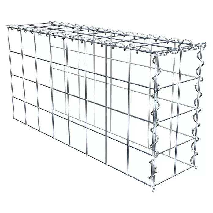 Gabiona Gabione Typ 4 - Zum Anbau in Länge & Höhe, 80 x 20 x 40 cm, Stahl, Maschenbreite: 100 mm, Maschenhöhe: 100 mm, Spirale - Rechteckiger Gabionenkorb aus silbernem Metalldraht, typischerweise mit Steinen gefüllt.