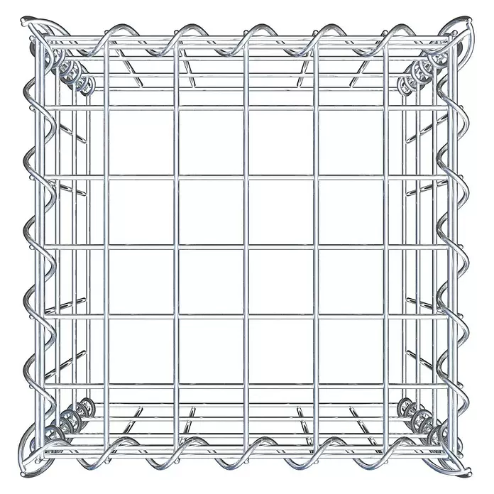 Gabiona Gabione Typ 3 - Zum Anbau in der Höhe, 30 x 30 x 30 cm, Stahl, Maschenbreite: 50 mm, Maschenhöhe: 100 mm, Spirale - Leerer, quadratischer Gabionenkorb aus silberfarbenem Drahtgeflecht.