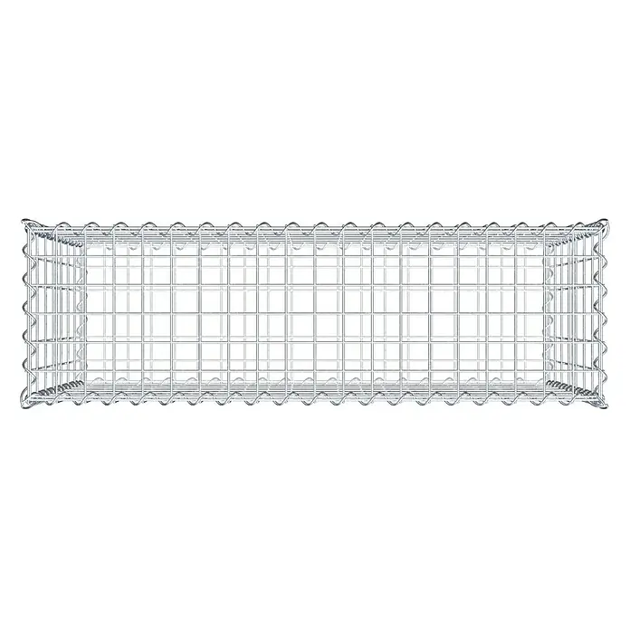 Gabiona Gabione - 100 x 30 x 70 cm, Metall, Maschenbreite: 50 mm, Maschenhöhe: 100 mm - Nahaufnahme eines Gabionenkorbs aus Drahtgeflecht, der für den Bau von Stützmauern und zur Erosionskontrolle verwendet wird.
