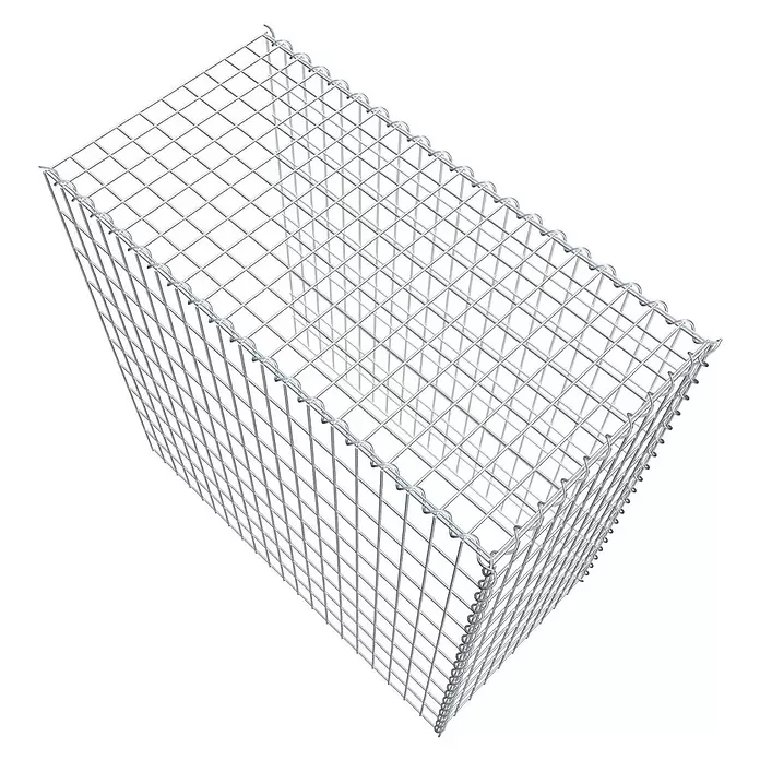 Gabiona Gabione Typ 4 - Zum Anbau in Länge & Höhe, 100 x 50 x 100 cm, Stahl, Maschenbreite: 50 mm, Maschenhöhe: 100 mm, Spirale - Leerer, rechteckiger Gabionenkorb aus silbernem Drahtgeflecht.