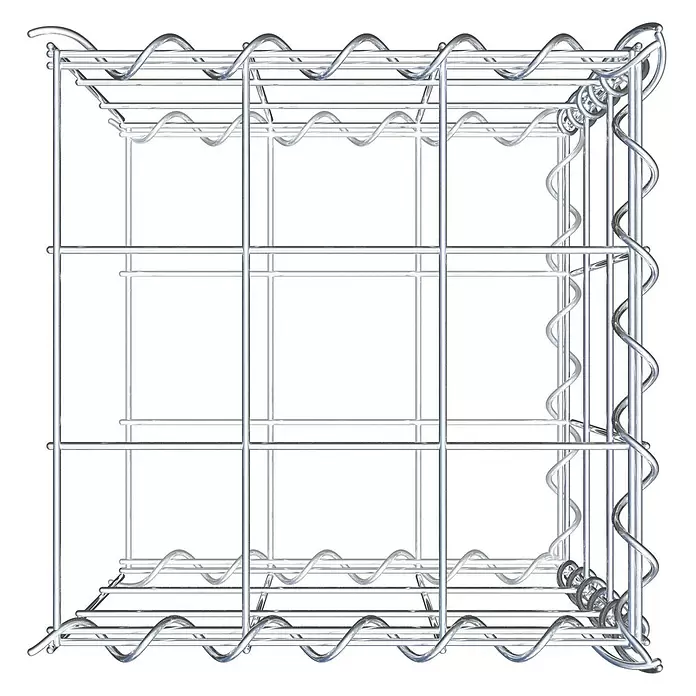 Gabiona Gabione Typ 2 - Zum Anbau in der Länge, 30 x 30 x 30 cm, Stahl, Maschenbreite: 100 mm, Maschenhöhe: 100 mm, Spirale - Chromfarbenes Metall-Drahtregal mit wellenförmigen Unterteilungen.