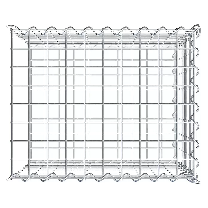 Gabiona Gabione Typ 2 - Zum Anbau in der Länge, 50 x 40 x 40 cm, Stahl, Maschenbreite: 50 mm, Maschenhöhe: 50 mm, Spirale - Leerer, silberfarbener Drahtgitter-Gabionenkorb, von oben gesehen, der seine robuste Konstruktion zeigt.
