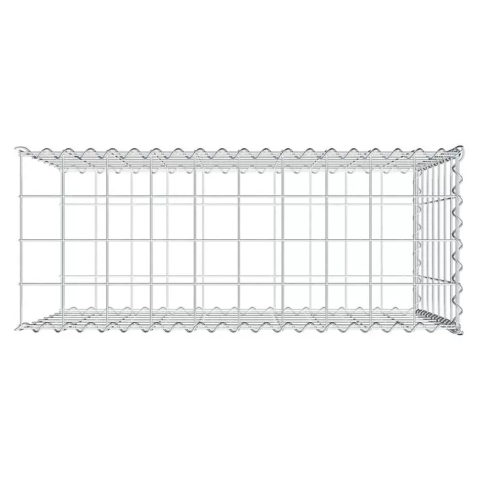Gabiona Gabione Typ 2 - Zum Anbau in der Länge, 100 x 40 x 70 cm, Stahl, Maschenbreite: 100 mm, Maschenhöhe: 100 mm, Spirale - Leerer, rechteckiger Gabionenkorb aus silbernem Drahtgeflecht, oben offen.