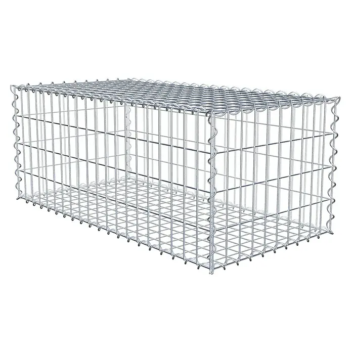 Gabiona Gabione - 100 x 50 x 40 cm, Metall, Maschenbreite: 50 mm, Maschenhöhe: 100 mm - Abbildung eines rechteckigen Gabionenkorbs aus Drahtgeflecht, ideal für Gartenbau und Landschaftsgestaltung, mit stabilen Spiralen an den Kanten.
