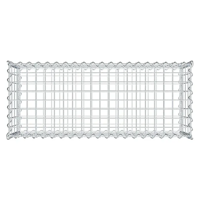 Gabiona Gabione - 100 x 40 x 40 cm, Metall, Maschenbreite: 50 mm, Maschenhöhe: 100 mm - Das Bild zeigt einen leeren Gabionenkorb aus Drahtgeflecht, der für die Befüllung mit Steinen oder anderen Materialien bereitsteht. Die Drahtstruktur ist robust und stabil.