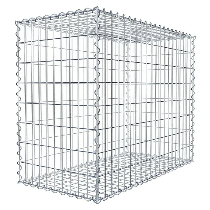 Gabiona Gabione - 100 x 50 x 80 cm, Metall, Maschenbreite: 50 mm, Maschenhöhe: 100 mm - Das Bild zeigt einen Gabionenkorb aus verzinktem Drahtgeflecht. Der Steinkorb ist leer und hat eine rechteckige Form mit gewellten Drahtverbindungen.