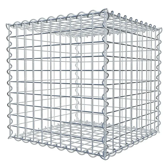 Gabiona Gabione50 x 50 x 50 cm, Metall, Maschenbreite: 50 mm, Maschenhöhe: 50 mm - Bild eines Gabionenkorbs, einem Drahtgitterbehälter, der oft für Landschaftsbau und zur Uferbefestigung verwendet wird.