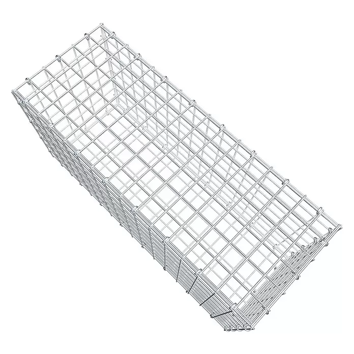 Gabiona Gabione - 80 x 30 x 40 cm, Stahl, Maschenbreite: 50 mm, Maschenhöhe: 50 mm, C-Ring - Rechteckiger, leerer Gabionenkorb aus silberfarbenem Metallgitter.