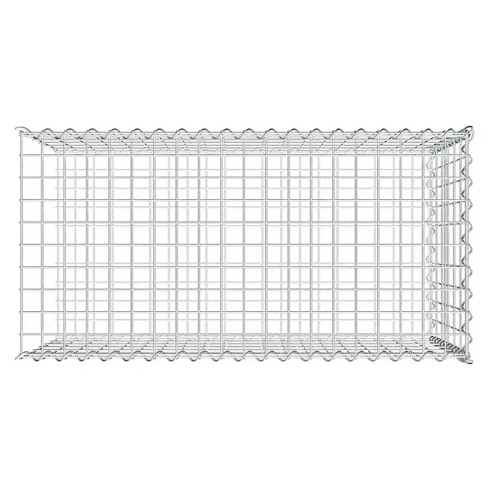 Gabiona Gabione Typ 2 - Zum Anbau in der Länge, 100 x 50 x 60 cm, Stahl, Maschenbreite: 50 mm, Maschenhöhe: 100 mm, Spirale - Rechteckiger, leerer Gabionenkorb aus silberfarbenem Drahtgitter.