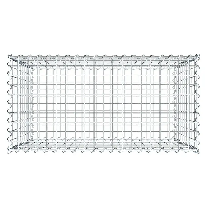 Gabiona Gabione - 100 x 50 x 100 cm, Metall, Maschenbreite: 50 mm, Maschenhöhe: 100 mm - Das Bild zeigt einen rechteckigen Gabionenkorb aus Drahtgeflecht, der leer ist und für Steine oder andere Füllmaterialien vorbereitet ist.
