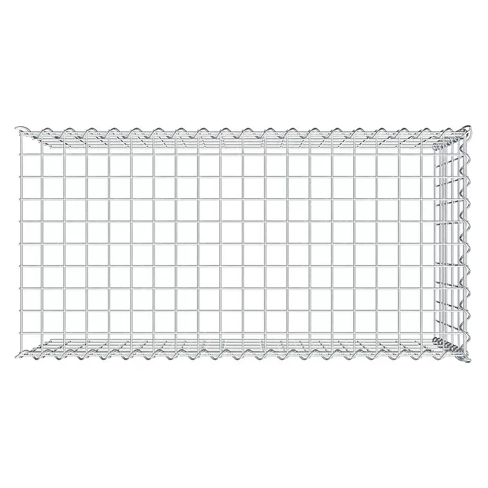 Gabiona Gabione Typ 4 - Zum Anbau in Länge & Höhe, 100 x 50 x 50 cm, Stahl, Maschenbreite: 50 mm, Maschenhöhe: 100 mm, Spirale - Leerer, rechteckiger Gabionenkorb aus silberfarbenem Drahtgeflecht, bereit zur Befüllung.