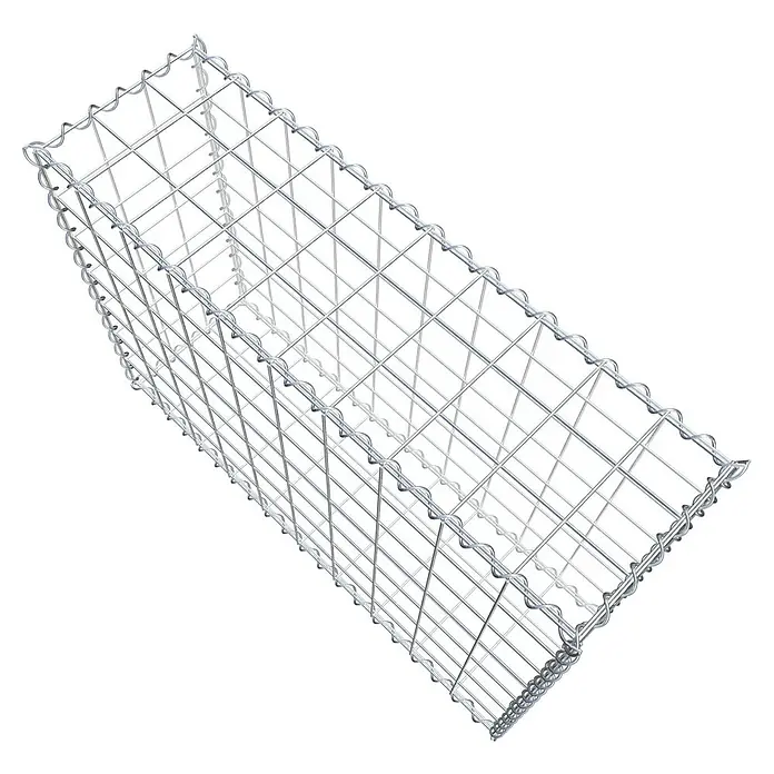 Gabiona Gabione - 100 x 30 x 70 cm, Metall, Maschenbreite: 100 mm, Maschenhöhe: 100 mm - Dieses Bild zeigt eine leere Gabione aus Drahtgeflecht, die auf einem schwarzen Hintergrund isoliert wurde. Sie wird im Garten- und Landschaftsbau verwendet.