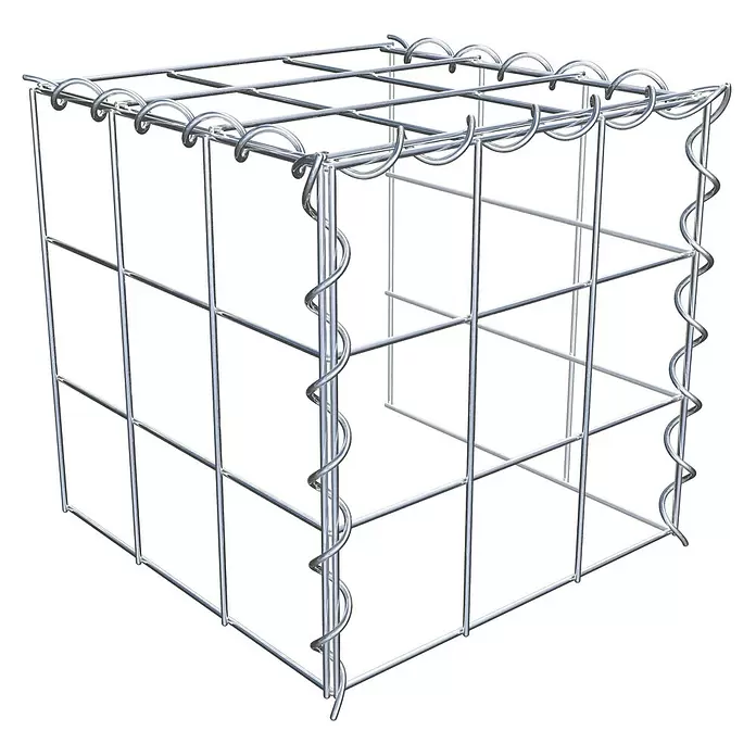 Gabiona Gabione Typ 4 - Zum Anbau in Länge & Höhe, 30 x 30 x 30 cm, Stahl, Maschenbreite: 100 mm, Maschenhöhe: 100 mm, Spirale - Silberner Gabionenkäfig aus Metall, ein Würfel aus Drahtgitterplatten, verbunden mit Spiralverbindern und Bogenspangen.