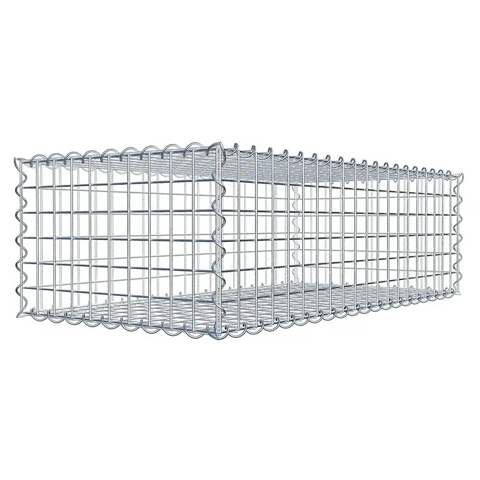 Gabiona Gabione - 100 x 50 x 30 cm, Metall, Maschenbreite: 50 mm, Maschenhöhe: 50 mm - Nahaufnahme eines länglichen Gabionenkorbs aus Drahtgeflecht, der für den Einsatz im Garten- und Landschaftsbau konzipiert ist.