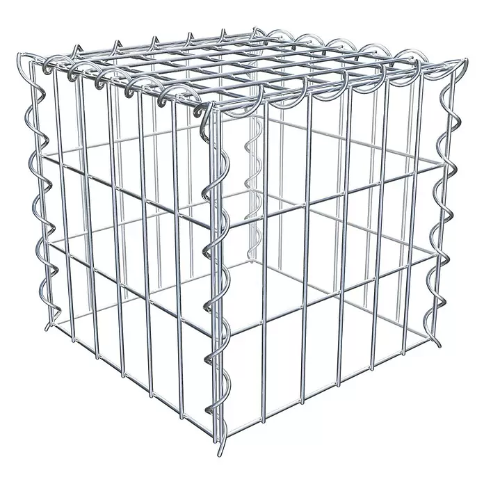 Gabiona Gabione Typ 3 - Zum Anbau in der Höhe, 30 x 30 x 30 cm, Stahl, Maschenbreite: 50 mm, Maschenhöhe: 100 mm, Spirale - Silberner Gabionenkorb aus Metallgitter, würfelförmig, mit Spiralverbindern, bereit zur Steinbefüllung.