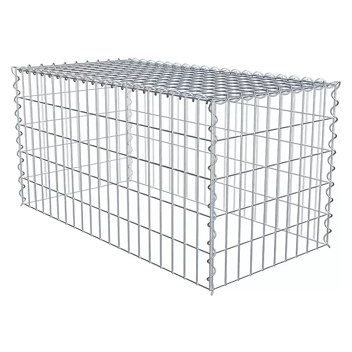 Gabiona Gabione Typ 3 - Zum Anbau in der Höhe, 100 x 50 x 50 cm, Stahl, Maschenbreite: 50 mm, Maschenhöhe: 100 mm, Spirale - Rechteckiger Gabionenkorb aus silbergrauem Metalldraht, leer und bereit zum Befüllen.