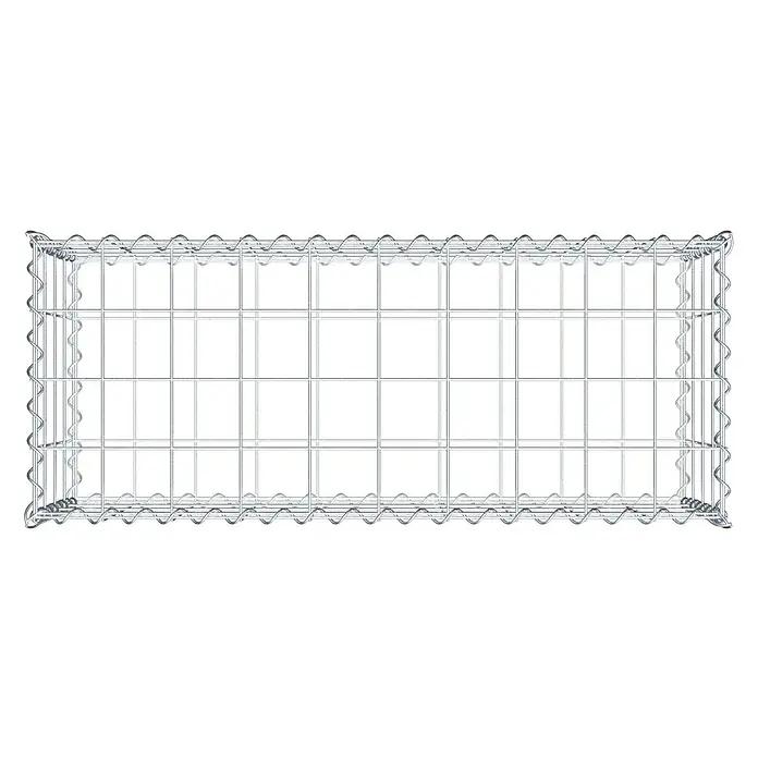 Gabiona Gabione - 100 x 40 x 40 cm, Metall, Maschenbreite: 100 mm, Maschenhöhe: 100 mm - Draufsicht auf einen rechteckigen Gabionenkorb aus verzinktem Drahtgeflecht mit gewellten Kanten, leer und bereit zur Befüllung.
