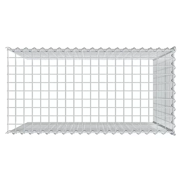 Gabiona Gabione Typ 4 - Zum Anbau in Länge & Höhe, 100 x 50 x 100 cm, Stahl, Maschenbreite: 50 mm, Maschenhöhe: 50 mm, Spirale - Leerer rechteckiger Gabionenkorb aus silbernem Drahtgeflecht, bereit zur Befüllung.