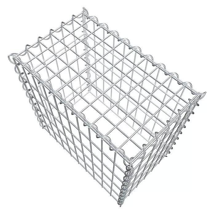 Gabiona Gabione Typ 3 - Zum Anbau in der Höhe, 50 x 30 x 50 cm, Stahl, Maschenbreite: 50 mm, Maschenhöhe: 100 mm, Spirale - Leerer, rechteckiger, silberner Gabionenkorb aus Metallgeflecht.
