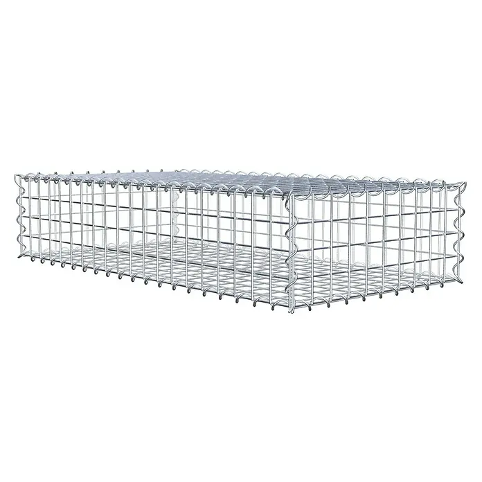 Gabiona Gabione100 x 50 x 20 cm, Metall, Maschenbreite: 50 mm, Maschenhöhe: 50 mm - Draufsicht auf einen leeren Gabionenkorb aus verzinktem Drahtgeflecht, der für den Bau von Stützmauern und zur Landschaftsgestaltung verwendet wird.