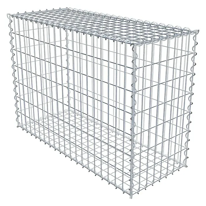 Gabiona Gabione - 100 x 40 x 70 cm, Metall, Maschenbreite: 50 mm, Maschenhöhe: 100 mm - Das Bild zeigt einen rechteckigen Gabionenkorb aus verzinktem Drahtgeflecht, der zur Gestaltung von Gärten oder zur Hangbefestigung verwendet werden kann.