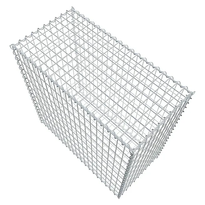 Gabiona Gabione - 100 x 50 x 100 cm, Metall, Maschenbreite: 50 mm, Maschenhöhe: 100 mm - Das Bild zeigt eine Gabione, einen Drahtkorb, der oft für den Landschaftsbau verwendet wird. Sie ist leer und aus silberfarbenem Metallgitter gefertigt.
