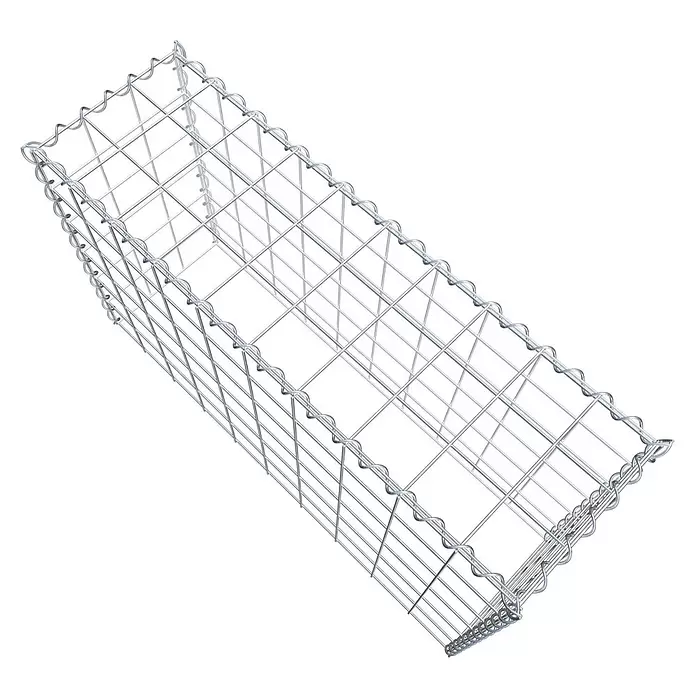 Gabiona Gabione Typ 3 - Zum Anbau in der Höhe, 100 x 30 x 60 cm, Stahl, Maschenbreite: 100 mm, Maschenhöhe: 100 mm, Spirale - Leerer, rechteckiger Gabionenkorb aus silbernem Metalldrahtgeflecht, schräg von oben betrachtet.