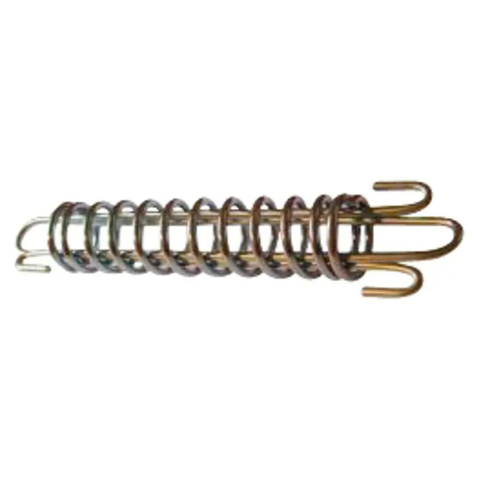 Muelle galvanizado para estacha de amarre ø 10 mm - 33 cm - Primer plano de un resorte metálico con extremos en forma de gancho, apto para diversas aplicaciones.